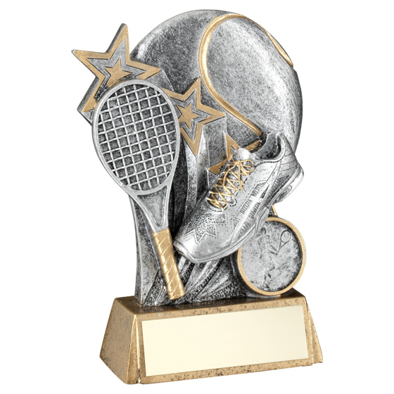 Picture of Pew/gold Tennis Ball With Racket On Brz Base With Plate (1in Cen) - 7.25in