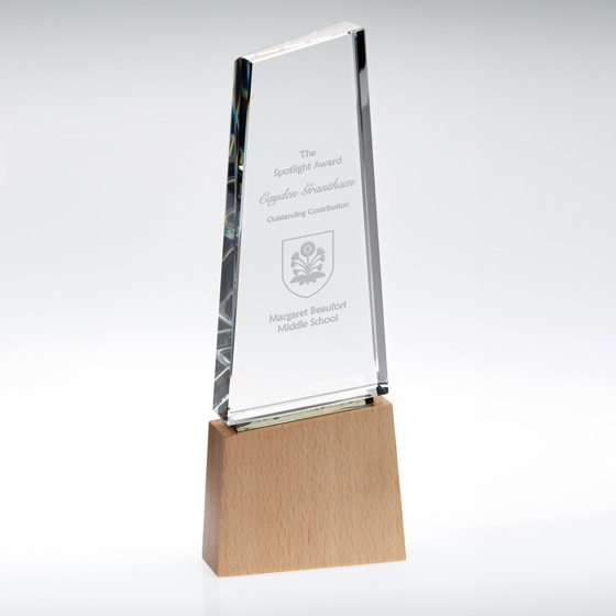 Picture of Clear Glass Block On Light Wood Base With Colour Flash (32mm Thick) - 8.75in