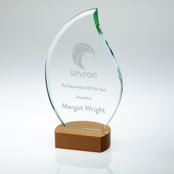Picture of Clear Glass Flame On Light Wood Base (10mm Thick) - 8.25in