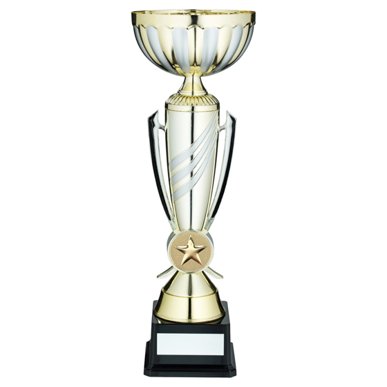 Picture of Gold/matt Silver 3 Stripe Trophy Cup With Plate (2in Centre) - 15.75in