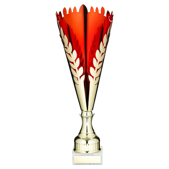 Picture of Gold/red Metal Wreath Trophy Cup With Plate - 13.5in