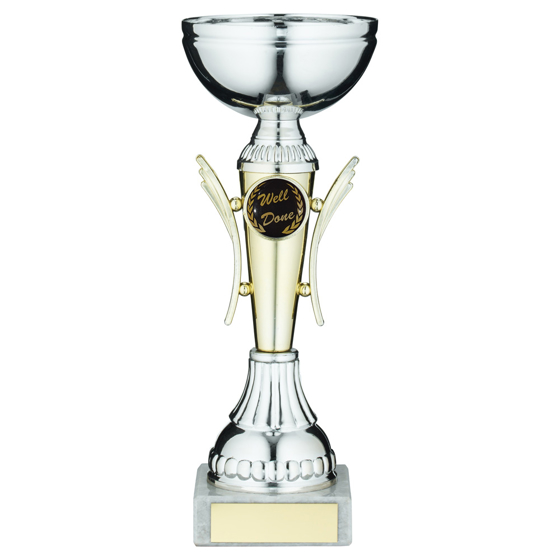 Picture of Silver/gold Winged Trophy Cup With Plate (1in Centre) - 8.75in