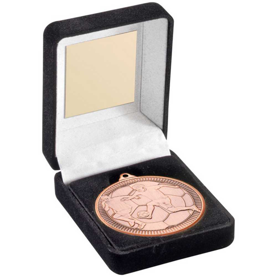 Picture of Black Velvet Box And 50mm Medal Football Trophy Bronze - 3.5in