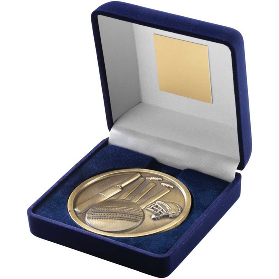 Picture of Blue Velvet Box And 70mm Medallion Cricket Trophy Antique Gold - 4in